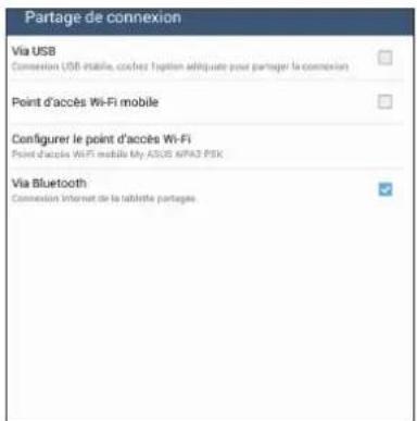 Partage de connexion Via USB Connection USB mobile, coches l'option aditiquée pour partager la connexion Point d'accès Wi-Fi mobile Configurer le point d'accès Wi-Fi Point d'accès Wi-Fi mobile my ADUS APIAD PSK Via Bluetooth Connection Internet de la tabellite partages