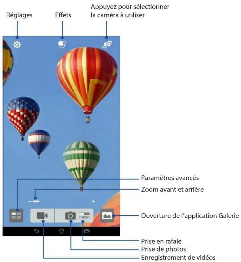 Réglages Effets Appuyez pour sélectionner la caméra à utiliser Paramètres avancés Zoom avant et arrière Ouverture de l'application Galerie Prise en rafale Prise de photos Enregistrement de vidéos