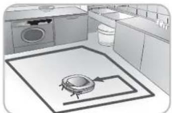 Interior kitchen scene showing a washing machine, microwave oven, and floor planter (no text or symbols visible)