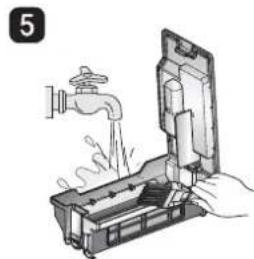Illustration of hands using a tool to lift a water tap into a container (no text or symbols).