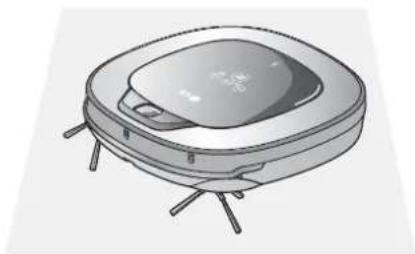 Illustration of a robotic vacuum cleaner with control panel and tripod legs (no text or symbols)