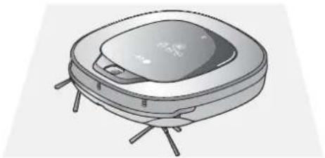 Illustration of a robotic vacuum cleaner with control panel and tripod base (no text or symbols).