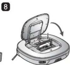 Diagram of a device with an open lid and internal components, showing a curved arrow indicating rotation (no text or symbols present).