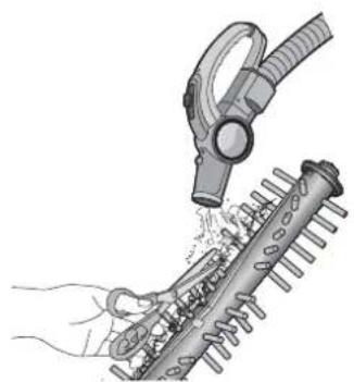 Illustration of a hand using a hairdryer to clean or brush with a brush (no text or symbols)