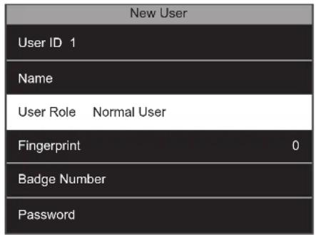 New User User ID 1 Name User Role Normal User Fingerprint 0 Badge Number Password