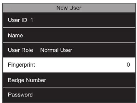 New User User ID 1 Name User Role Normal User Fingerprint 0 Badge Number Password