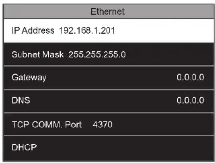Ethernet IP Address 192.168.1.201 Subnet Mask 255.255.255.0 Gateway 0.0.0.0 DNS 0.0.0.0 TCP COMM. Port 4370 DHCP