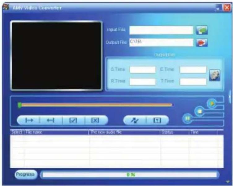 AMV Video Converter Input File Output File C:\MB Output Files & Time E Time R Time T Time Select File name The new audio file Status Time Progress 8%