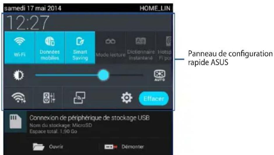 samedi 17 mai 2014 HOME_LIN 12:27 Wi-Fi Données mobiles Smart Saving Mode lecture Dictionnaire instantané Hotsp Fi por Panneau de configuration rapide ASUS AUTO Effacer Connexion de périphérique de stockage USB Nom du stockage: MicroSD Espace total: 1.90 Go Ouvrir Démonter