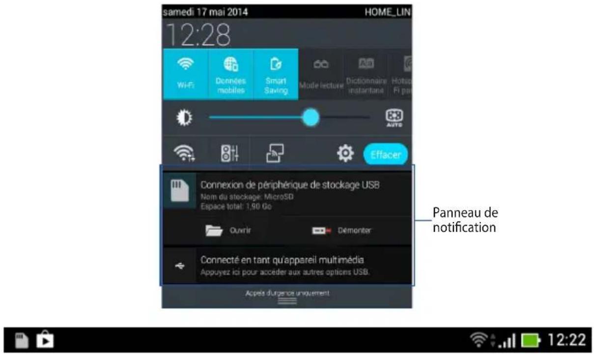 samedi 17 mai 2014 HOME_LIN 12:28 WH-F Données mobiles Smart Saving Mode lecture Dictionnaire instantane Hotsp Fi pas OFFICE Effacer Connexion de périphérique de stockage USB Nom du stockage: MicroSD Espace total: 1,90 Go Ouvrir Démonter Connecté en tant qu'appareil multimédia Appuyez ici pour accéder aux autres options USB. Appès d'urgence uniquement Panneau de notification 12:22