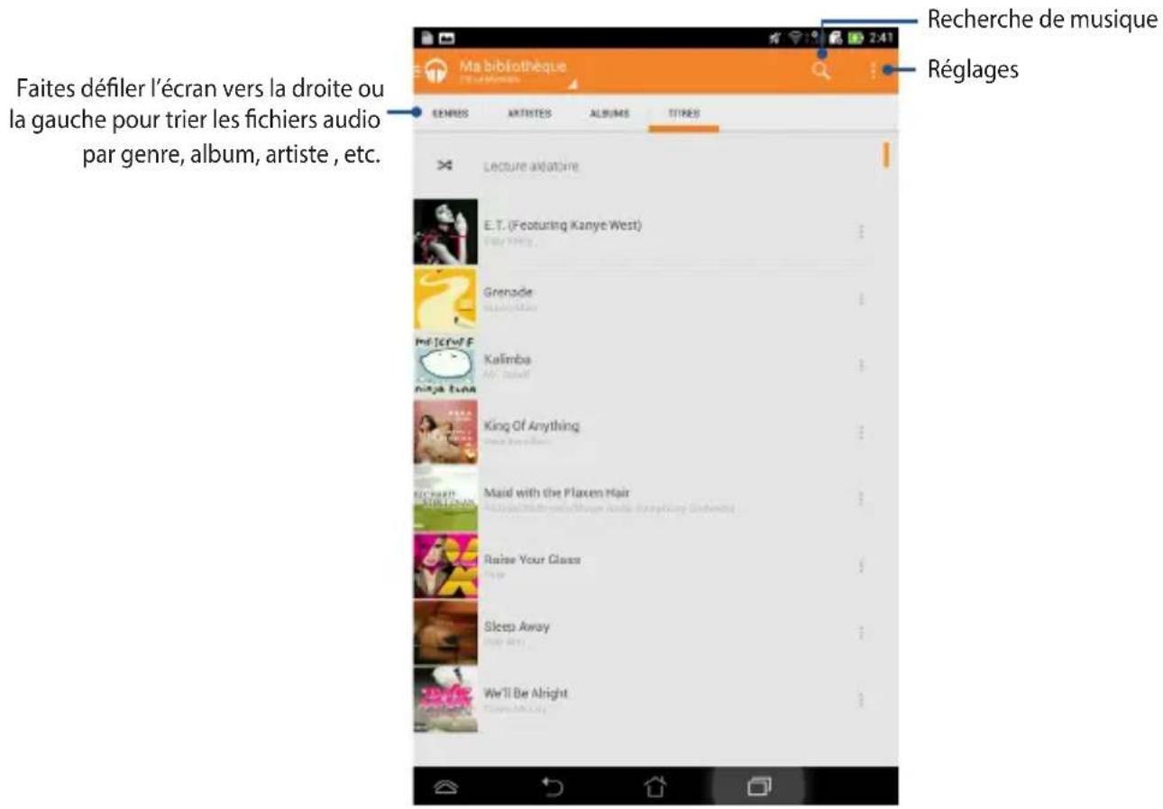 Faites défiler l'écran vers la droite ou la gauche pour trier les fichiers audio par genre, album, artiste, etc. REcherche de musique Réglages MA bibliothèque TÉRÉMANNÉ GENRES ARTISTES ALBUMS STINES Lecture aléatoire E.T. (Featuring Kanye West) 240 MHz Grenade 160 MHz Kalimba 160 MHz King Of Anything 160 MHz Maid with the Flaxen Hair 160 MHz Raise Your Glasses 160 MHz Sleep Away 160 MHz We'll Be Alright 160 MHz