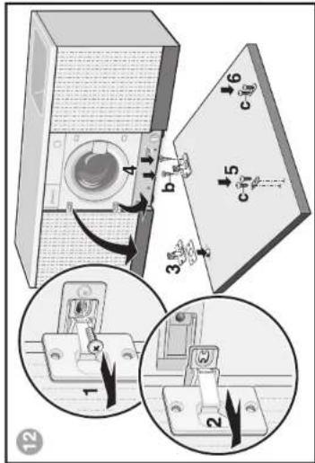 Technical diagram showing mechanical assembly steps with numbered components and directional arrows indicating motion