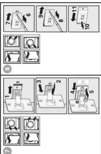 Technical diagram showing step-by-step installation of a switch mechanism with numbered components and directional arrows