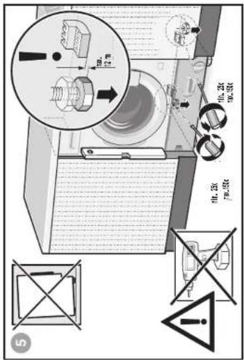 Technical diagram of a mechanical device with labeled components and safety warning symbols