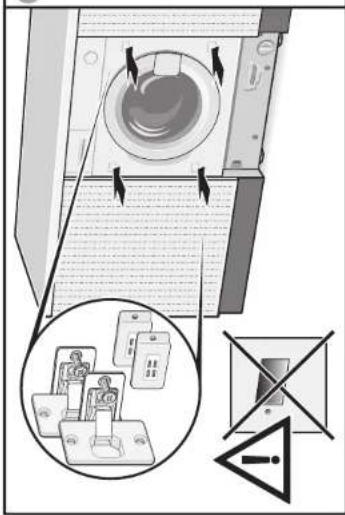 Diagram illustrating a device with labeled components and warning symbols, including a magnified view of electrical switchgear.