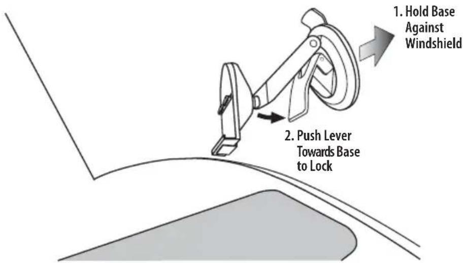 1. Hold Base Against Windshield 2. Push Lever Towards Base to Lock