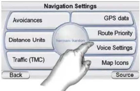 graph TD A["Avoidances"] --> B["GPS data"] C["Distance Units"] --> D["Route Priority"] E["Traffic (TMC)"] --> F["Voice Settings"] G["Back"] --> H["Source"] I["Source"] --> J["Map Icons"]