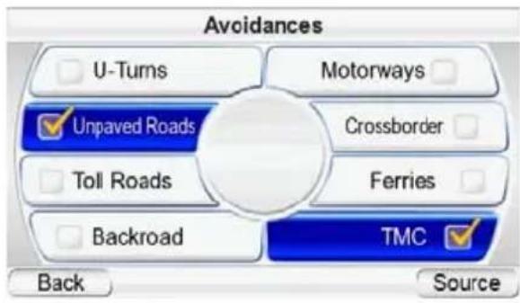 Avoidances U-Turns Motorways Unpaved Roads Crossborder Toll Roads Ferries Backroad TMC Back Source