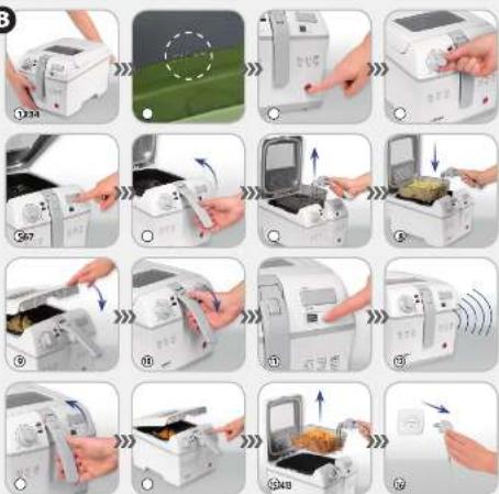 Step-by-step photo sequence showing hand-drawn cleaning and packaging process for a food appliance, with numbered steps and icons.
