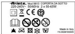 -Ariete Mod. 8813 COPERTA DA SOTTO 220-240V-50/60Hz 2 x 55-65W Made in Italy FN:0058813024/0