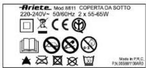 -Ariete Mod 8811 COPERTA DA SOTTO 220-240V~ 50/60Hz 2 x 55-65W Made in PRC. P.N.00881100A/D