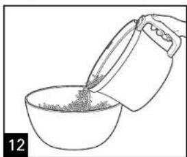 Line drawing of a hand pouring granular material into a bowl (no text or symbols)
