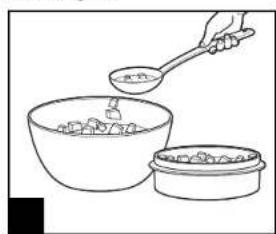 Line drawing of a hand pouring food into a bowl with a lid, next to a steamer (no text or symbols)