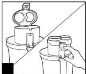 Diagram showing two views of a mechanical device with a handle and base, separated by a diagonal line (no text or symbols)