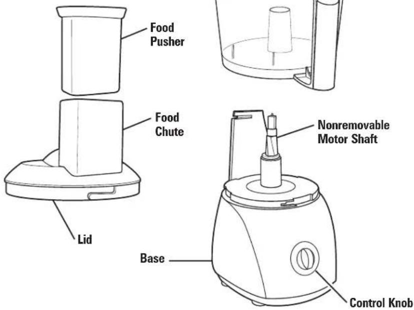 Food Pusher Food Chute Lid Nonremovable Motor Shaft Base Control Knob
