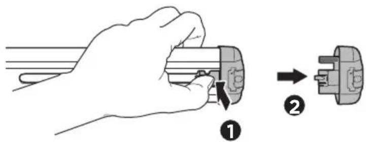 Diagram showing a hand holding a plug with two arrows indicating step ① and step ②, illustrating a process of changing the plug.