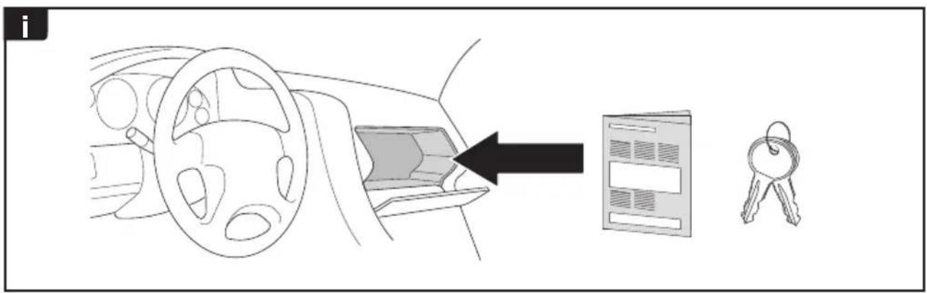 Diagram showing car interior with steering wheel, dashboard, and key inserted into a storage panel, with an arrow pointing to the device.