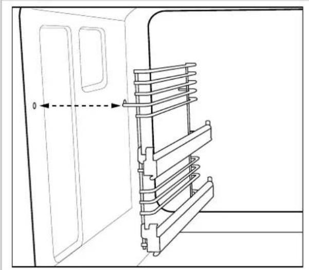 Technical line drawing of a door with a ladder and structural supports (no text or symbols)