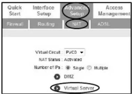 Quick Start Interface Setup Advanced Setup Access Management Firewall Routing NAT ADSL Virtual Circuit : PVCO NAT Status : Activated Number of IPs : Single Multiple DMZ Virtual Server