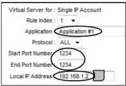 Virtual Server for : Single IP Account Rule Index : 1 Application Application #1 Protocol : ALL Start Port Number: 1234 End Port Number: 1234 Local IP Address: 192.168.1.2
