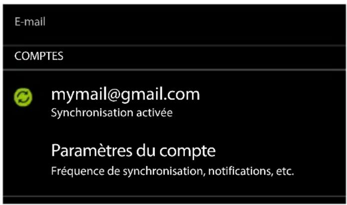 E-mail COMPTES mymail@gmail.com Synchronisation activée Paramètres du compte Fréquence de synchronisation, notifications, etc.