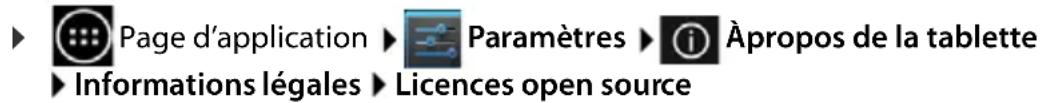 Page d'application Paramètres Àpropos de la tablette Informations légales Licences open source