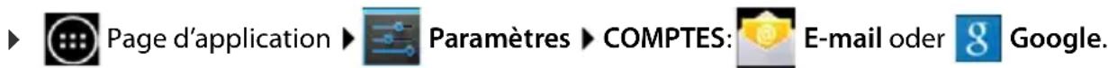 Page d'application Paramètres COMPTES: E-mail oder Google.