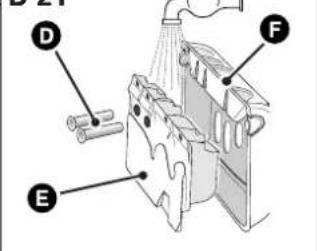 Diagram of a mechanical device with labeled parts D, E, and F, showing components like rollers and spray.