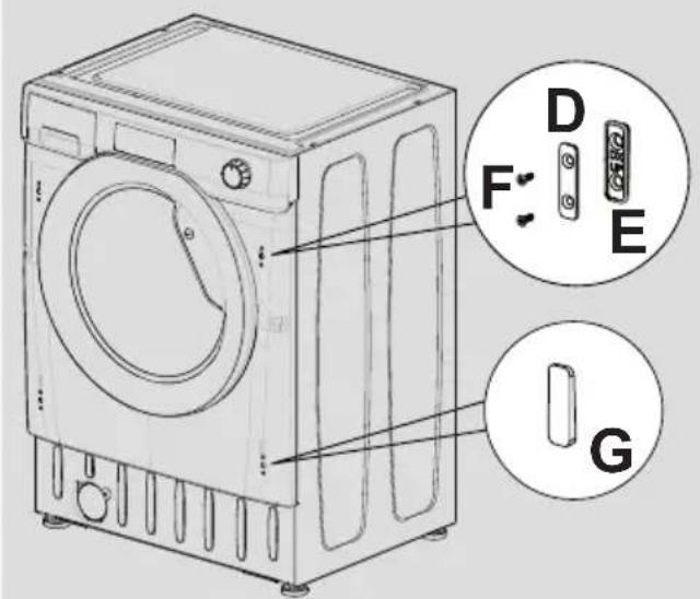 Technical diagram of a washing machine with labeled components and parts, including buttons and indicators.