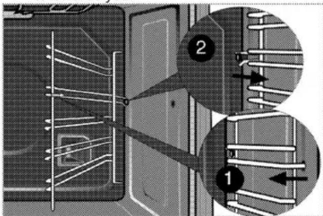 Technical diagram showing two labeled components (1 and 2) of a mechanical or electrical assembly with internal wiring and directional arrows.