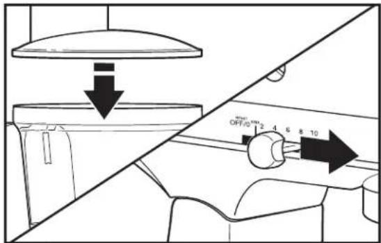 Diagram showing a car interior with a lid, directional arrows indicating movement or change, and a valve labeled 'OFF/OFF' with numerical values 2 to 10.