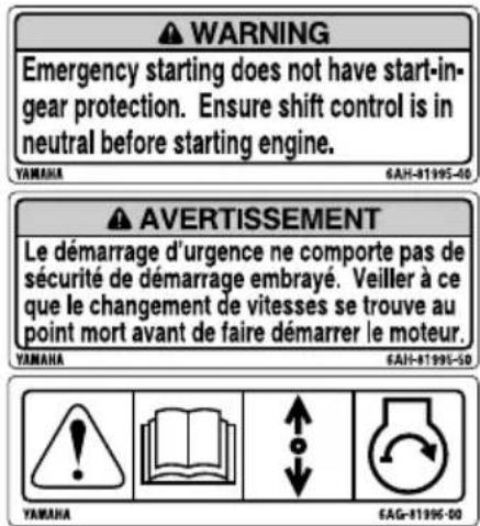 WARNING Emergency starting does not have start-in- gear protection. Ensure shift control is in neutral before starting engine. YAMAHA 6AH-81195-50 AVERTISSEMENT Le démarrage d'urgence ne comporte pas de sécurité de démarrage embrayé. Veiller à ce que le changement de vitesses se trouve au point mort avant de faire démarrer le moteur. YAMAHA 6AH-81195-50 YAMAHA EAG-81195-00