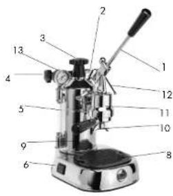 Labeled diagram of a coffee machine with numbered parts for identification