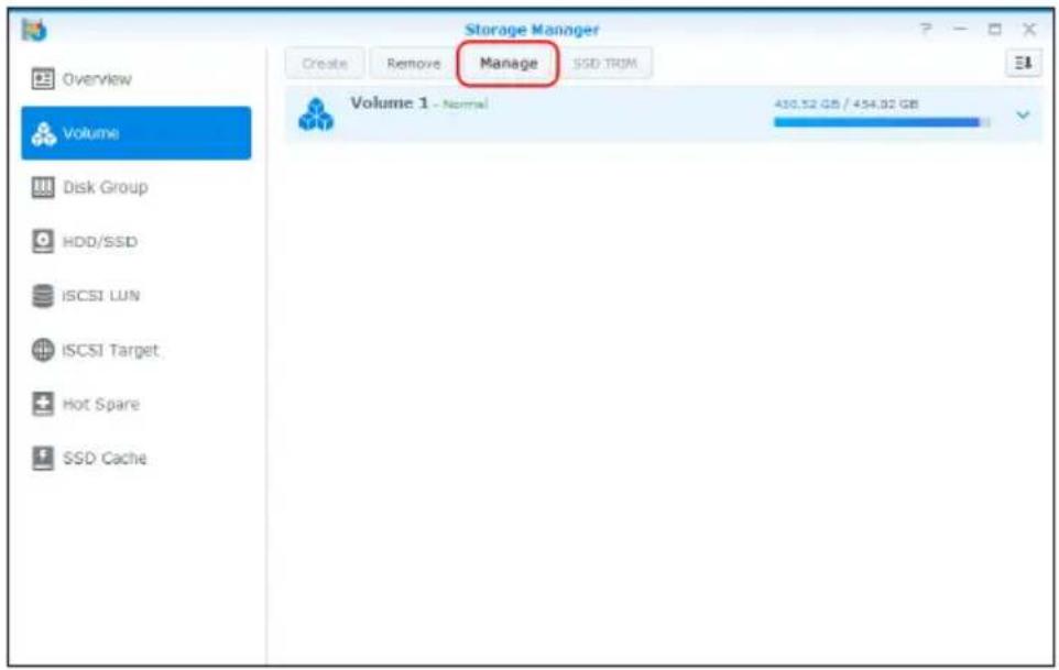 Storage Manager Create Remove Manage SSD TRUM Volume 1 - Normal 430.52 GB / 454.02 GB Overview Volume Disk Group HDD/SSD ISCSI LUN ISCSI Target Hot Spare SSD Cache