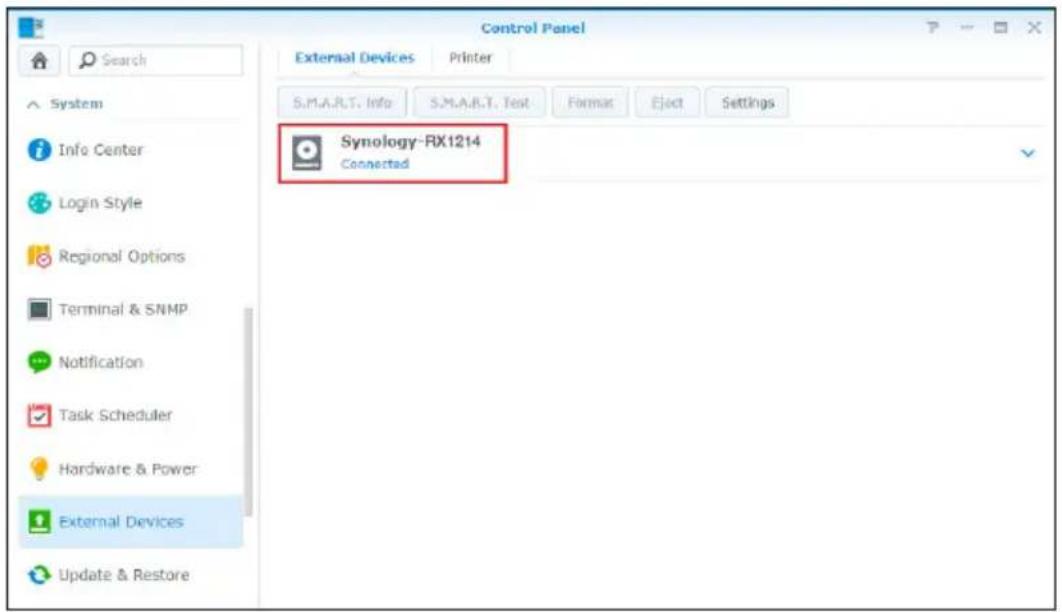 Control Panel External Devices Printer S.M.A.R.T. Info S.M.A.R.T. Test Format Eject Settings Synology-RX1214 Connected System Info Center Login Style Regional Options Terminal & SNMP Notification Task Scheduler Hardware & Power External Devices Update & Restore