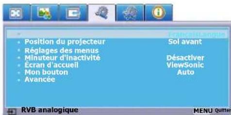 Position du projecteur Réglages des menus Minuteur d'inactivité Écran d'accueil Mon bouton Avancée Sol avant Désactiver ViewSonic Auto RVB analogique MENU Quitter