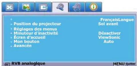 Position du projecteur Réglages des menus Minuteur d'inactivité Écran d'accueil Mon bouton Avancée FrançaisLangue Sol avant Désactiver ViewSonic Auto RVB analogique MENU Quitter