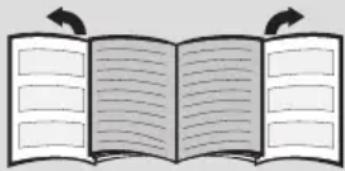 Illustration of an open book with blank pages and decorative arrows indicating text (no actual text or symbols)