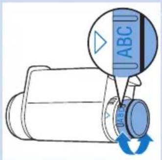 Diagram showing a device with an ABC button and blue circular label, indicating playback or refresh function.