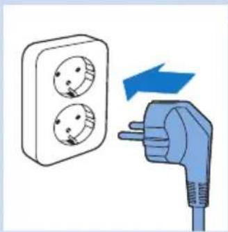 Illustration of a hand holding a blue electrical plug next to a wall-mounted socket with two circular switches (no text or symbols)